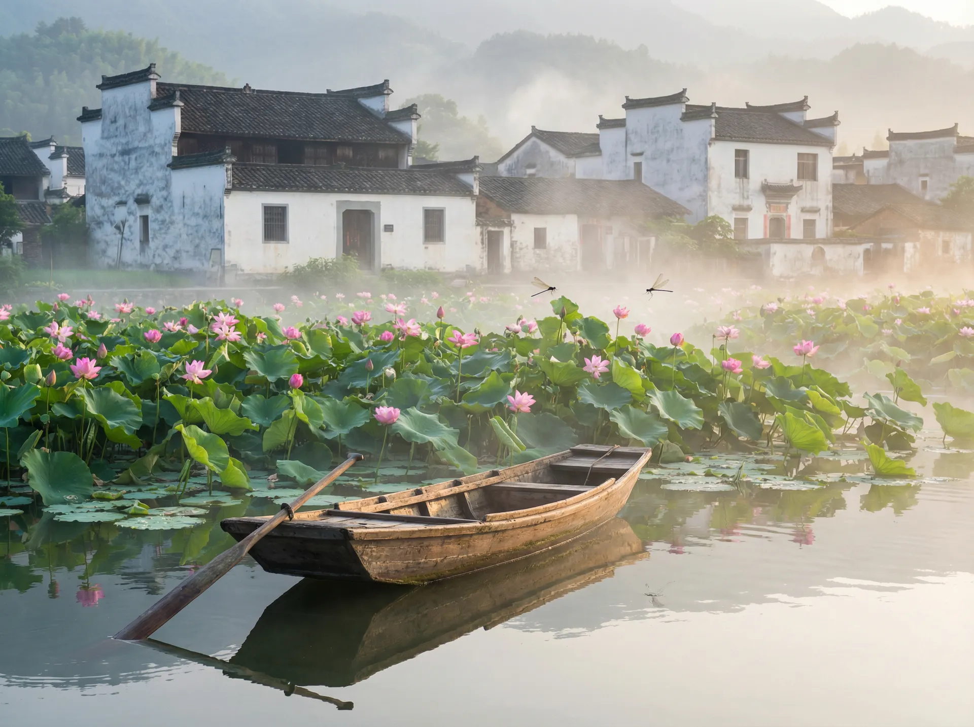 清晨荷塘小舟，粉色荷花盛开，白墙黑瓦的村庄 - 画皮2完整版 水乡风情